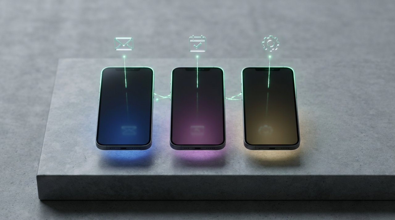 Three smartphones glowing while connected to floating task icons