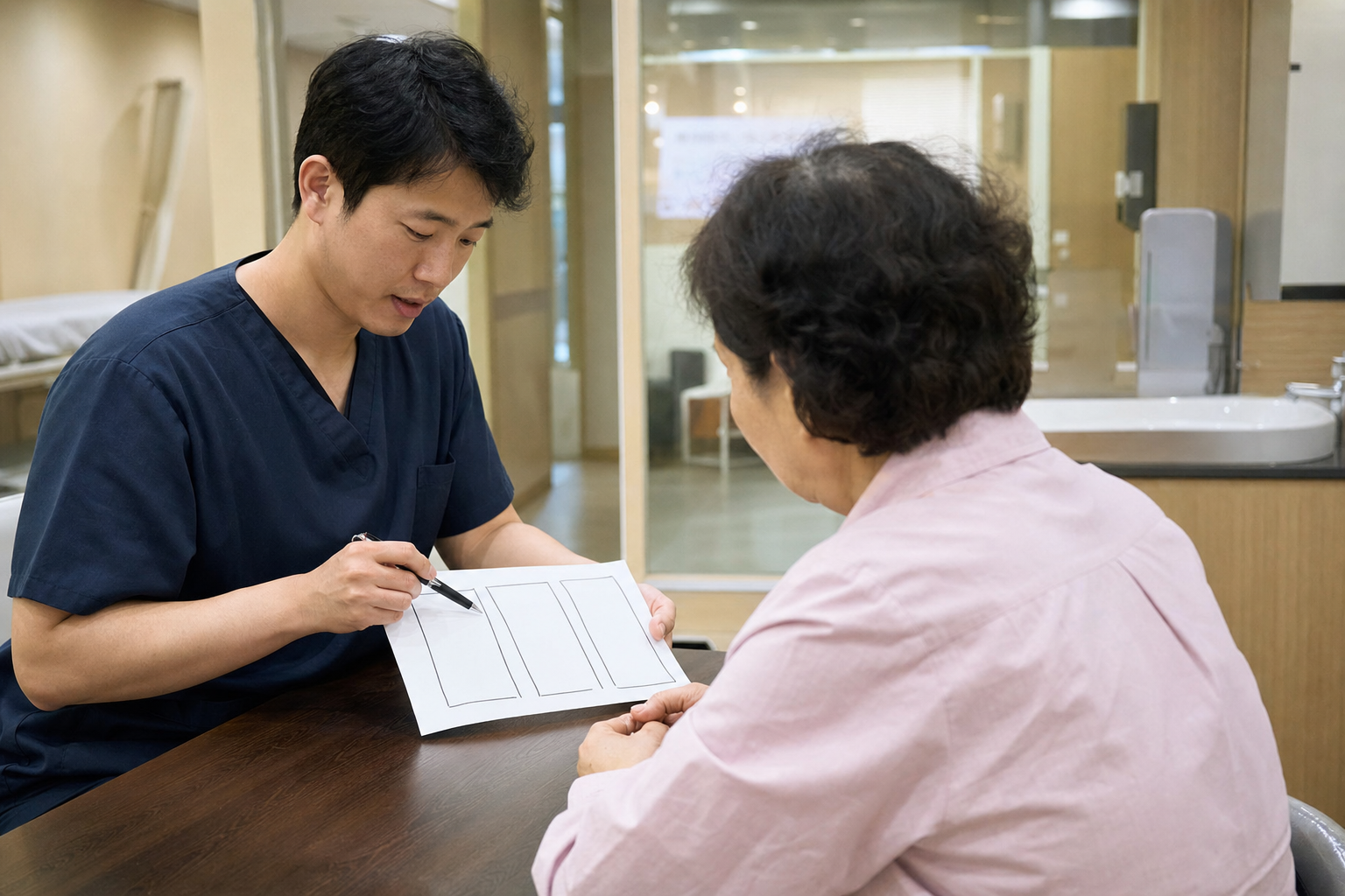 대장내시경 비용을 검진·수면·추가 진료 세 묶음으로 설명하는 상담 장면