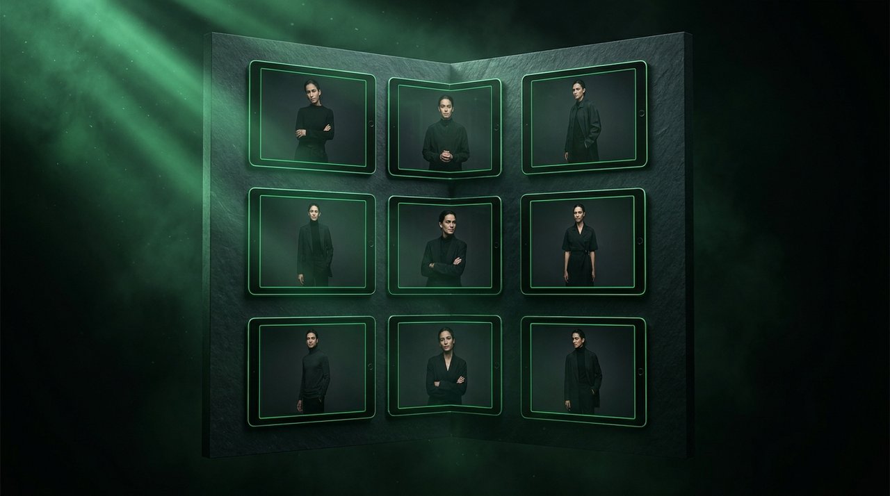 A consistent grid of AI brand portraits in different poses and outfits