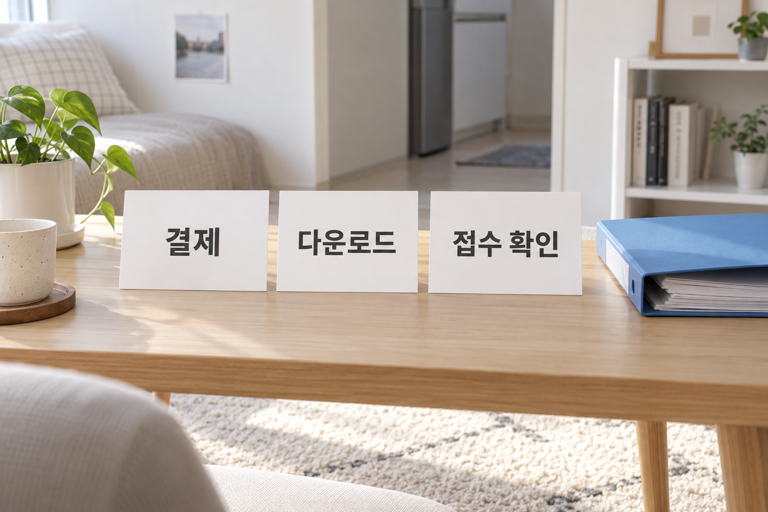 결제 완료와 파일 다운로드 및 채용 접수가 서로 다른 단계임을 보여주는 설명용 장면