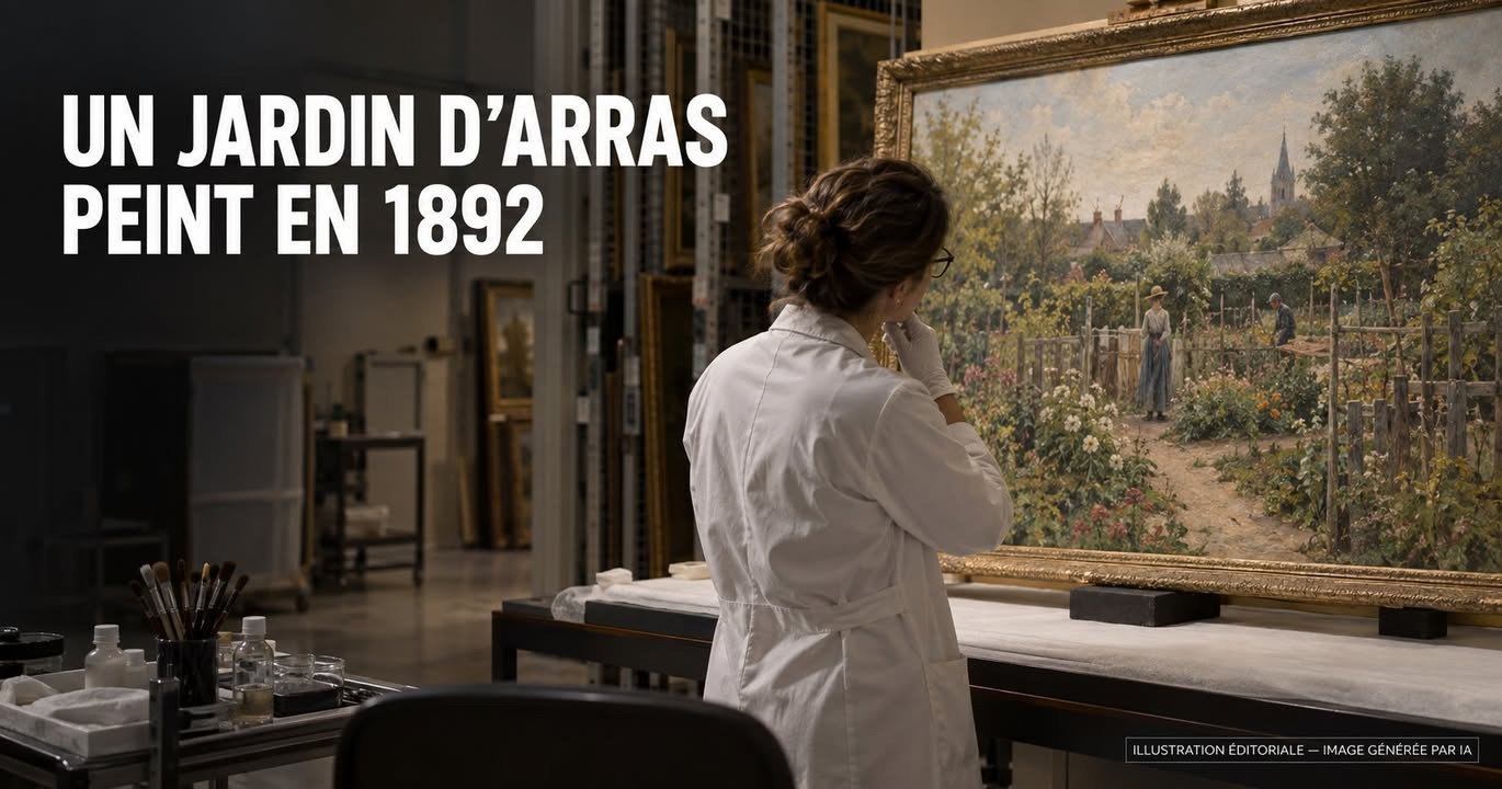 Une femme en robe blanche observe une grande toile peinte représentant un jardin fleuri avec des personnages, dans une salle d'atelier.