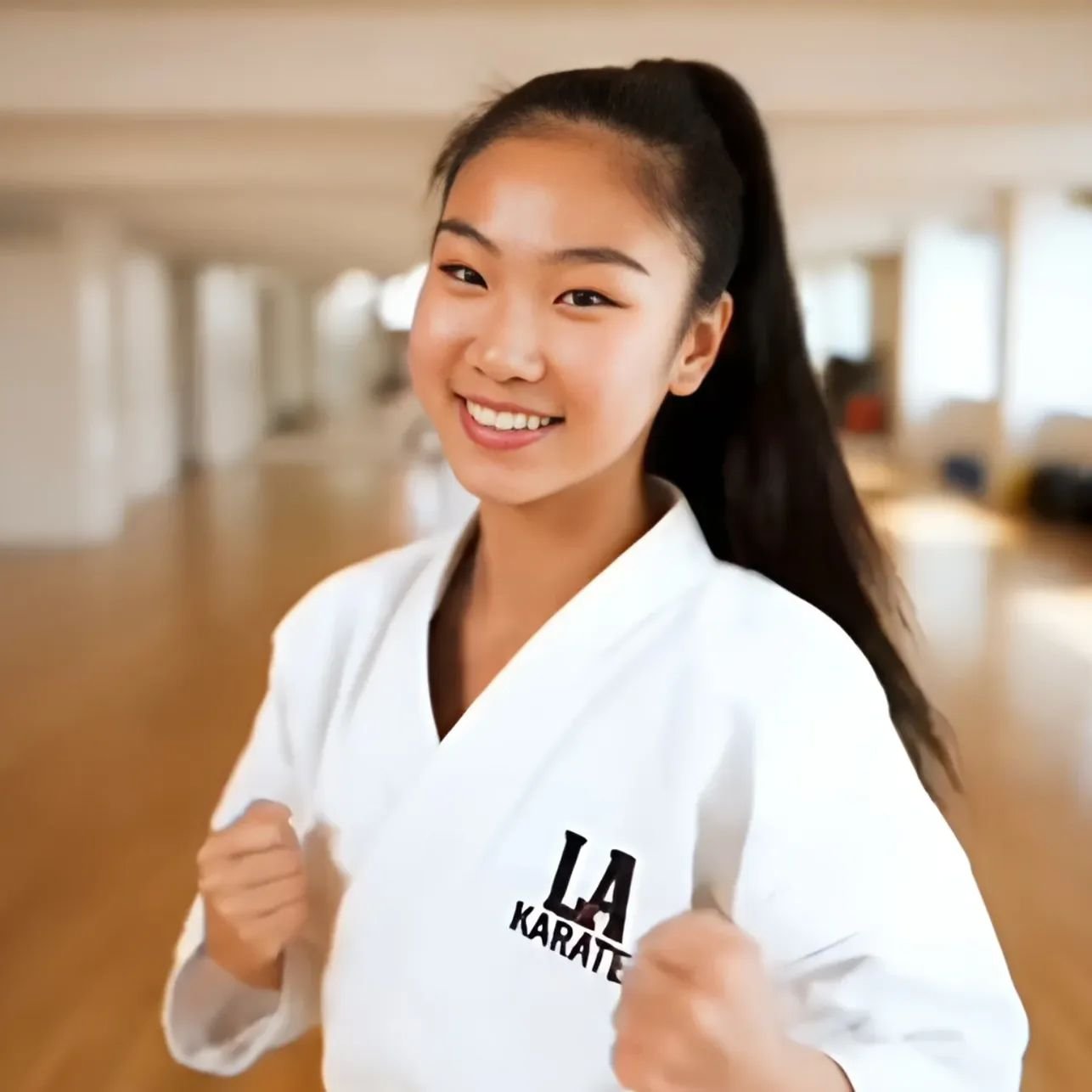Instructor working with a young karate student