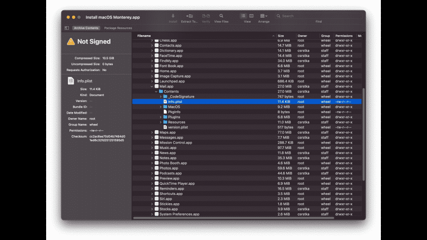 Pacifist Mac — browsing the contents of a .pkg installer package to extract individual files
