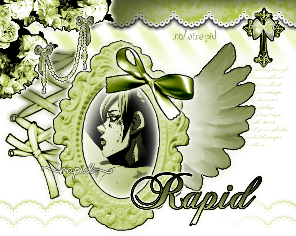 Made by @aynemedy on discord and pinterest. A graphic depicting jolyne kujo. The graphic's predominant colors are various shades of lime green, white, and black. On the bottom right of the graphic "Rapid" is written in fancy letters.