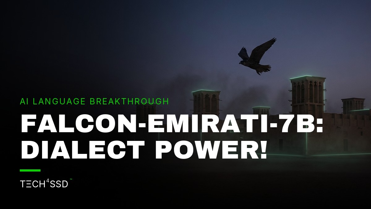 A stylized falcon soaring over a desert landscape with traditional Emirati architecture, subtly integrated with a neural network pattern, representing Falcon-Emirati-7B's blend of technology and culture.