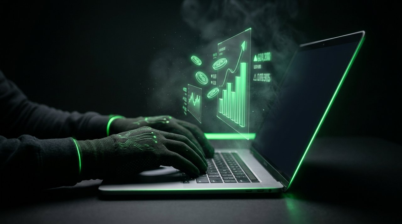 Glowing green AI income dashboard floating above a laptop