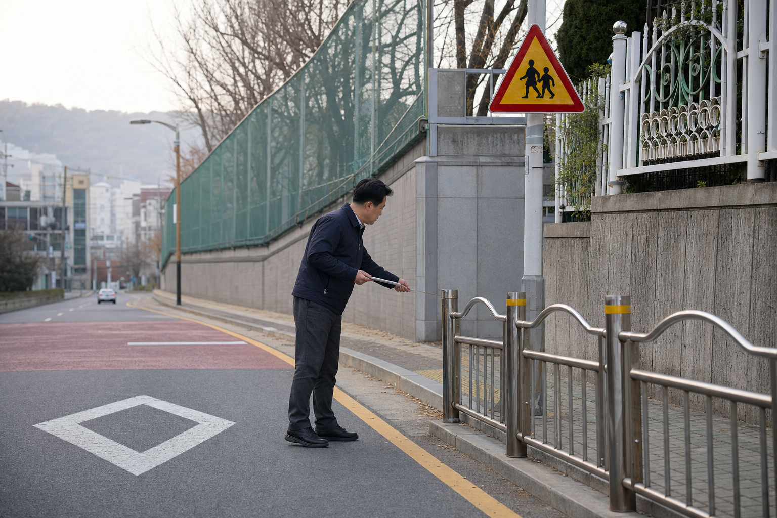 현장 주정차 금지 표지와 노면 표시를 점검하는 교통안전 담당자
