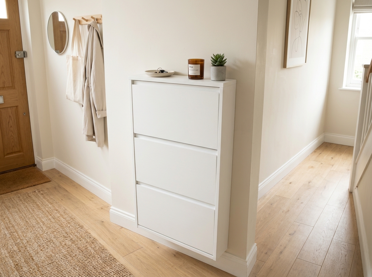 Ultra-slim tilt-out shoe cabinet for small apartment entryways