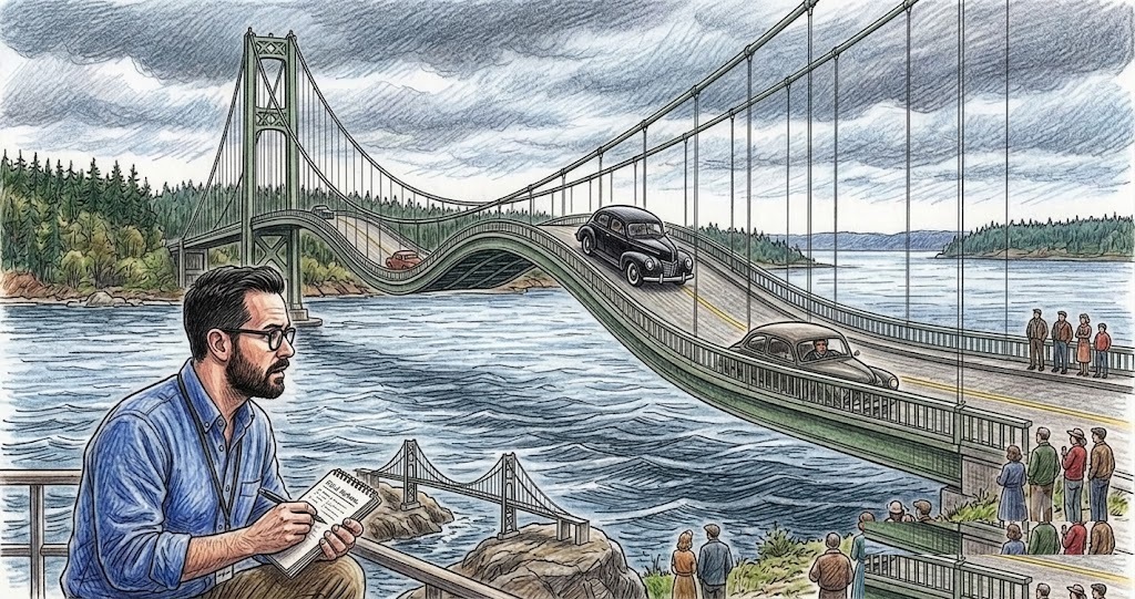 A ponte de Tacoma Narrows torcendo ao vento
