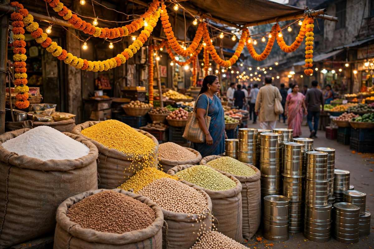 त्योहारों के सीजन में सजी भारतीय किराना बाजार में चीनी, दाल और अनाज के बोरे