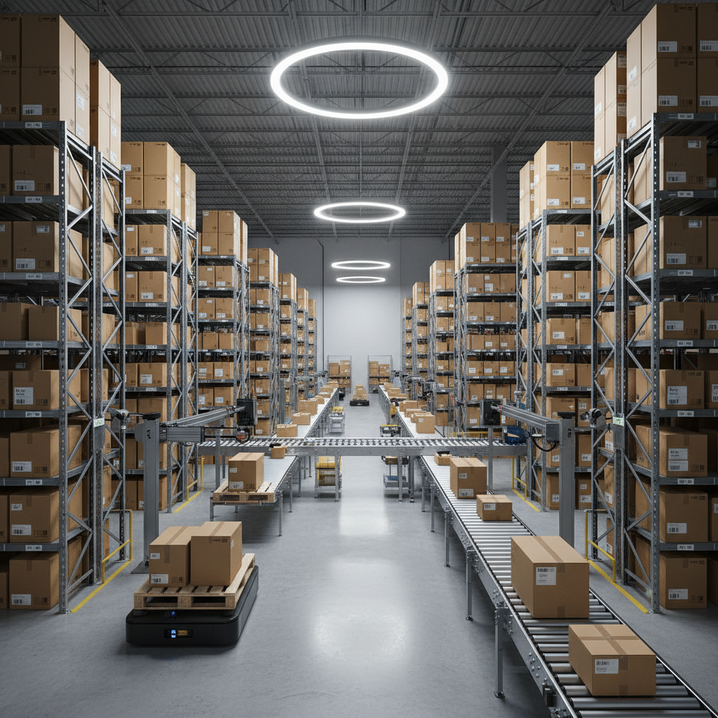 E-commerce fulfillment warehouse met shipping boxes en conveyor belts