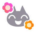 an animal crossing emote of the emotion joy, which is a smiling cat with a few colorful flowers around it