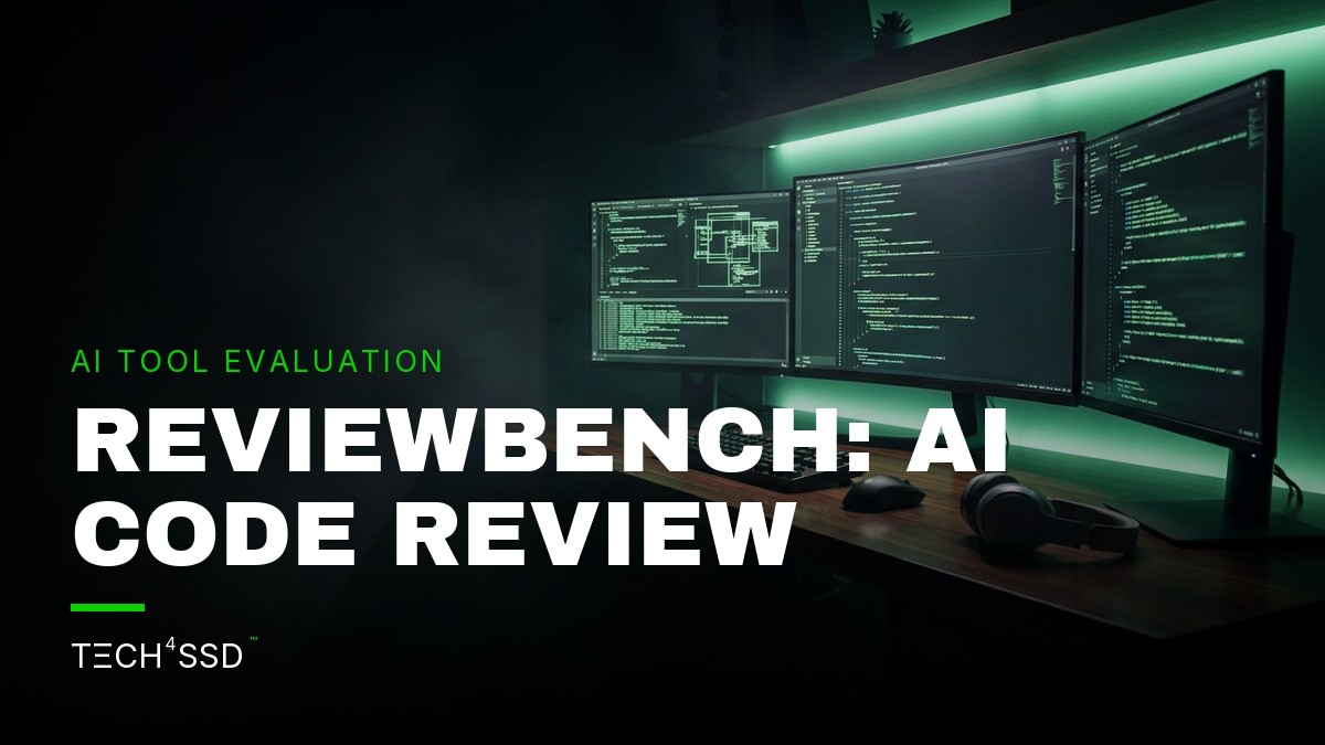 A stylized illustration of a GitHub Pull Request interface with AI highlighting code, a large language model brain icon, and developer hands, representing ReviewBench.