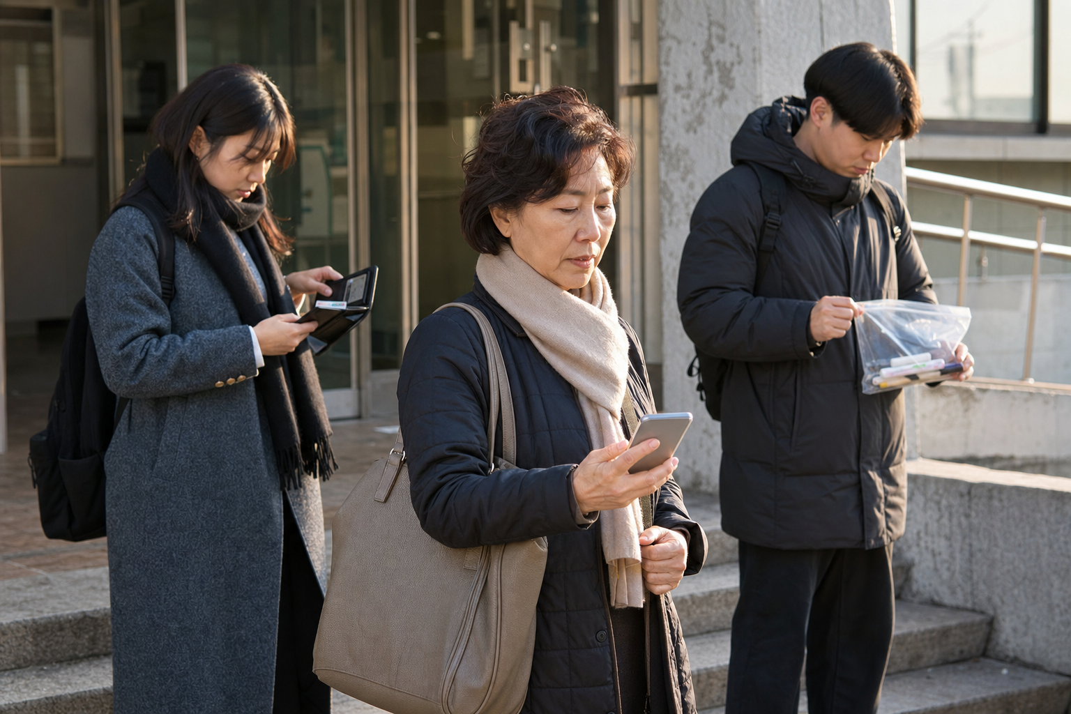 큐넷 시험장 입구에서 모바일 원본 신분증과 실물 신분증, 시험 준비물을 각각 확인하는 수험자들
