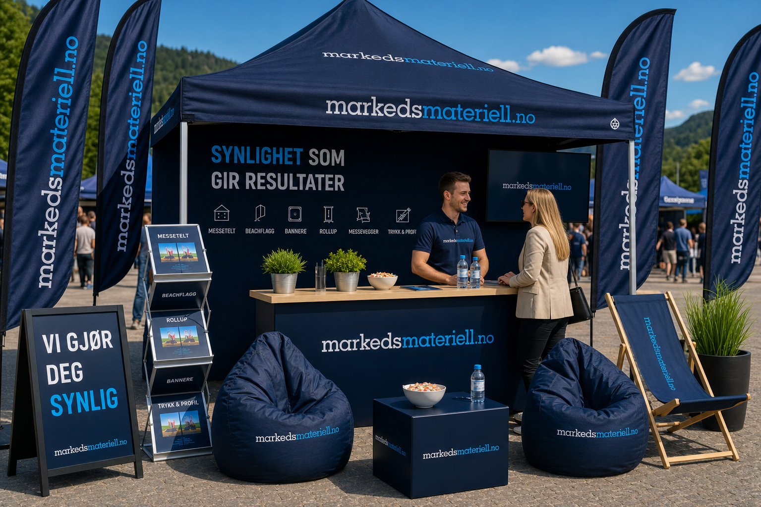 Markedsmateriell.no komplett messepakke med logo — messetelt, beachflagg, sakkosekker og reklamemøbler