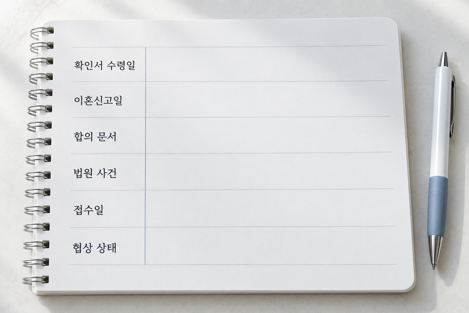 확인서 수령일과 신고일, 합의와 사건 및 접수 기록을 따로 적는 빈 기록 목록