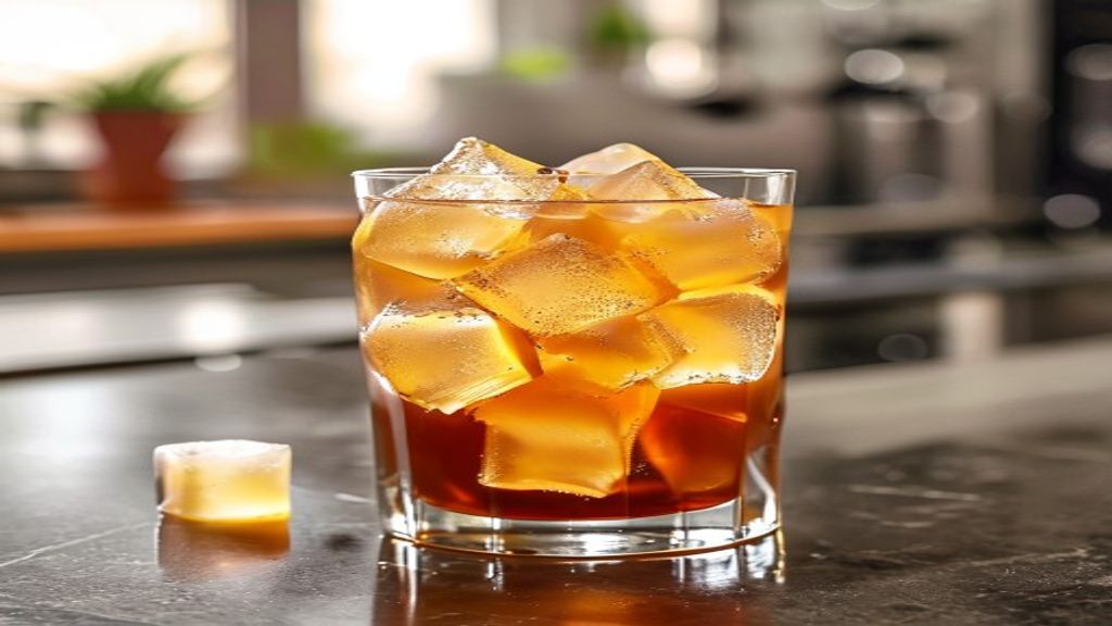Close-up of cubelet ice in a glass of iced coffee on a kitchen counter