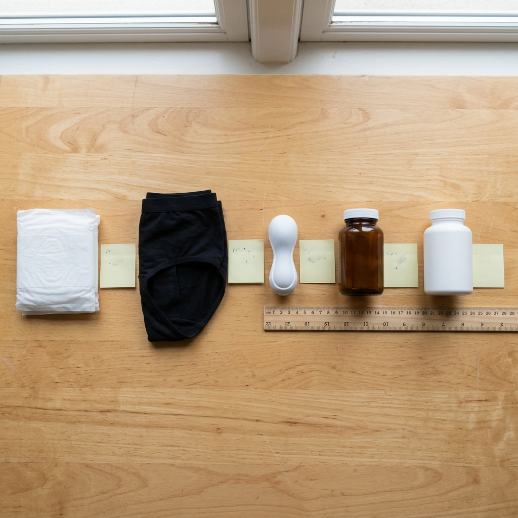 Women's bladder leak products laid out and compared on a table