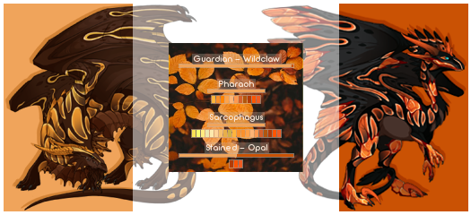 A brown/yellow Guardian is on the left, with a black/orange Wildclaw on the right, encased in yellow and orange boxes respectively. In the middle is text and colours overlayed over yellow and orange leaves; this text follows in plaintext after the image.