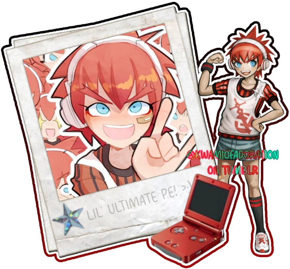 A polaroid of Masaru Daimon and his official render, it also has a text that says "Lil' Ultimate PE! >:)" on the polaroid with a grey star sticker. For aesthetic purposes the graphic also contains a handheld game console. | ac despair-sauce