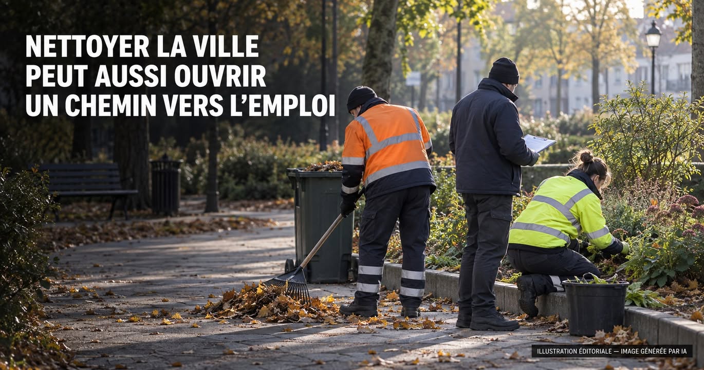 Trois personnes en tenue de travail nettoient un allée pavée bordée de buissons et d'arbres, l'une ramassant des feuilles, une autre rangeant des plantes dans un seau.