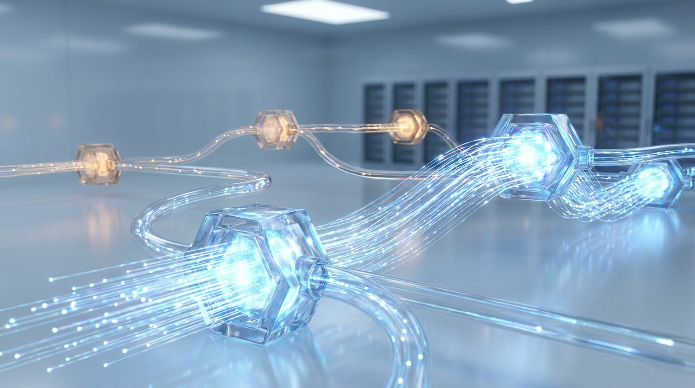 Abstract visual depicting faster data flow through optimized nodes, symbolizing tuetoken's speed advantage over Hugging Face Tokenizers v1.