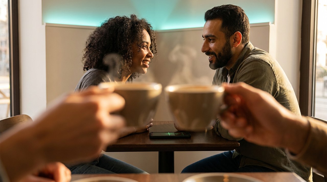 Two people from different backgrounds talking with a phone translating between them at a cafe