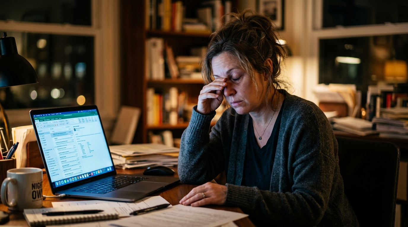 American woman experiencing screen damage and digital eye strain from blue light at her laptop late at night