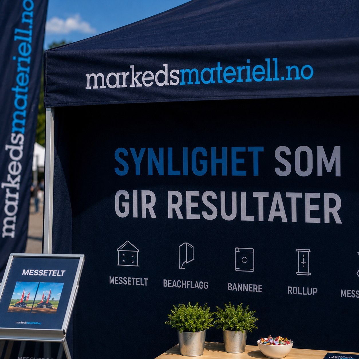 Messevegg med teksten Synlighet som gir resultater fra Markedsmateriell.no