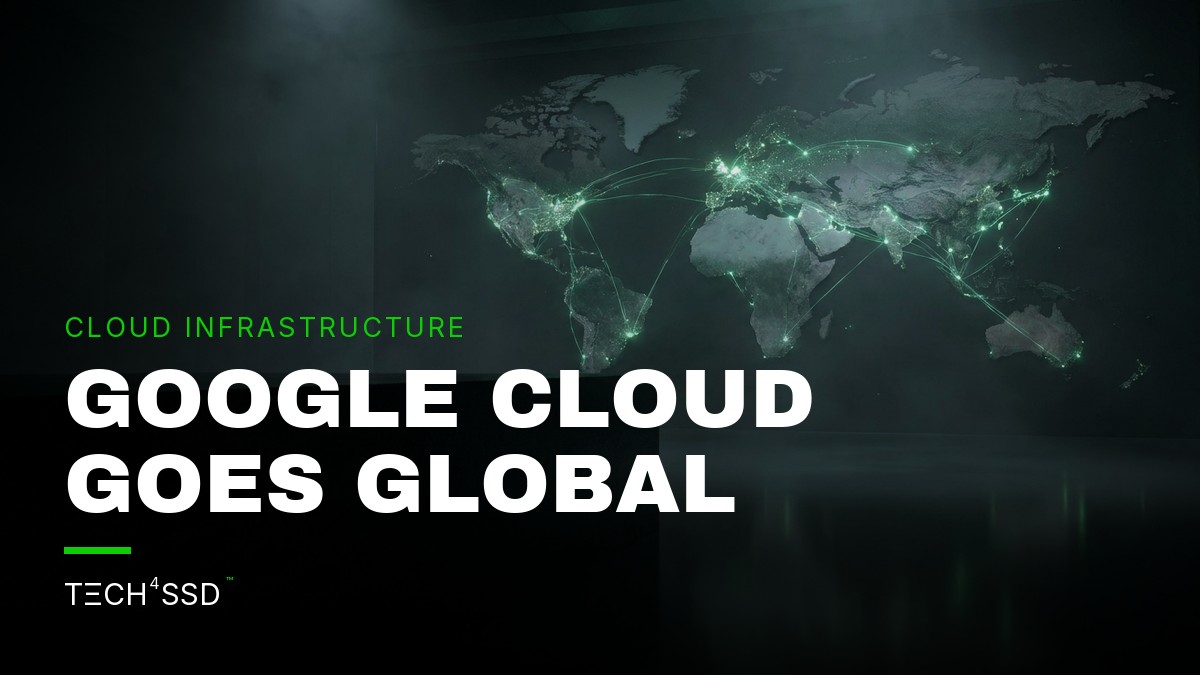 A futuristic world map with glowing lines connecting various Google Cloud data centers, symbolizing Google Cloud expansion and global reach.