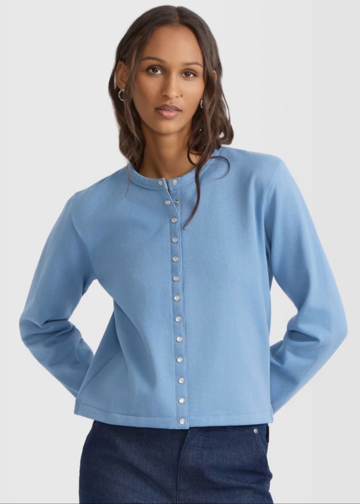 agnès b. Rosana snap cardigan in light blue with pearl snap buttons
