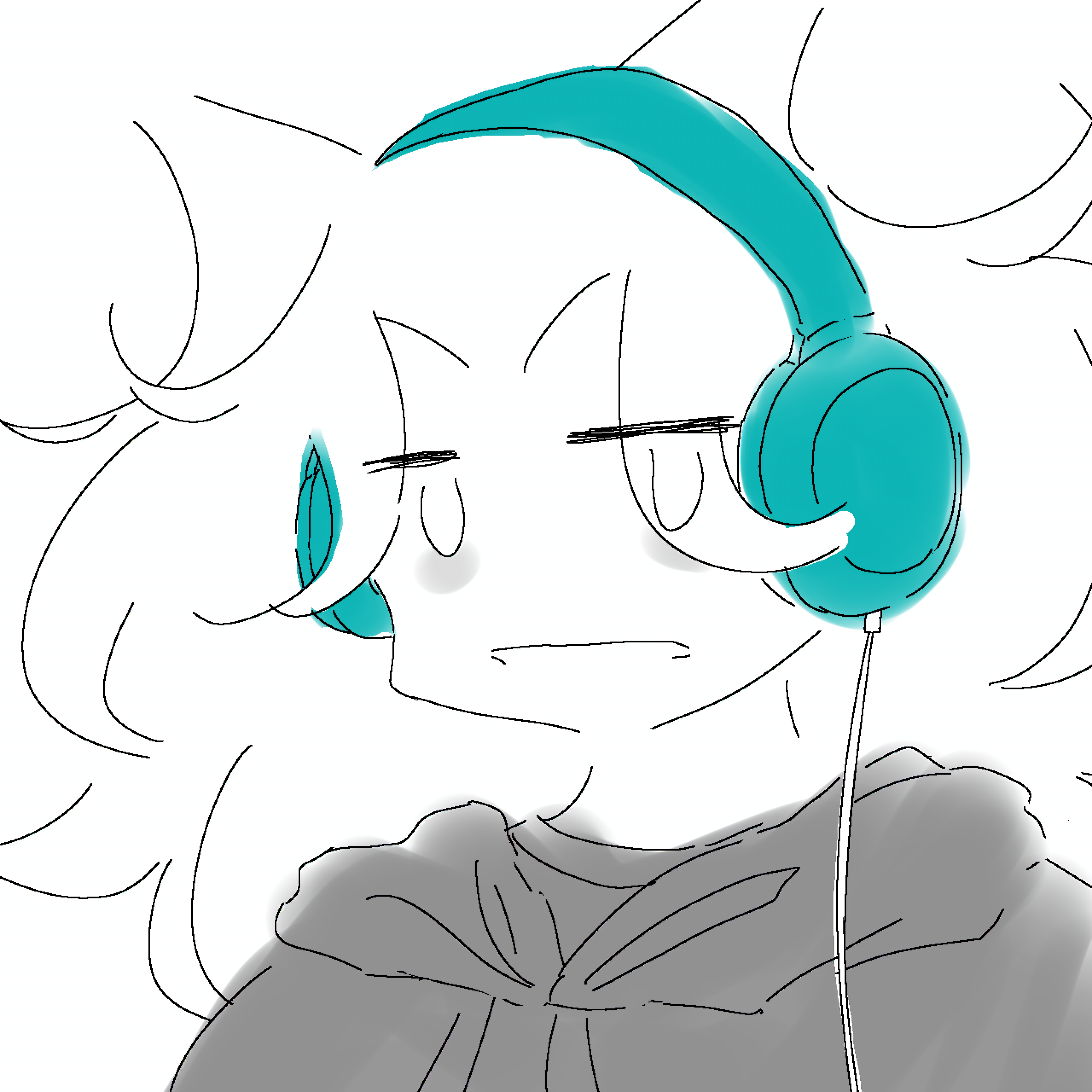 a drawing of meek, an individual with curly hair, dark eye circles, blue headphones, and an all black tshirt and jacket. they are looking at the audience with a neutral face
