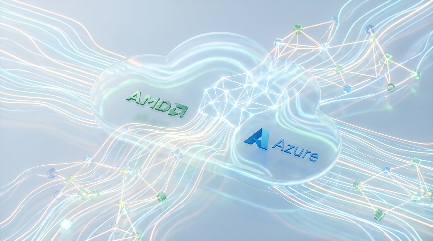 Abstract digital landscape showing data streams and neural networks, symbolizing the future of cloud AI and the integration of AMD and Azure technologies.