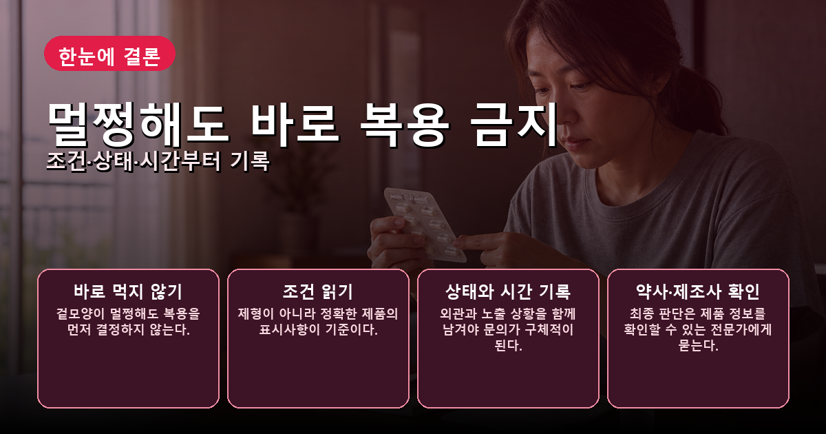 여름철 차 안에서 발견한 약을 바로 복용하지 않고 포장 조건과 노출 시간을 확인하는 모습