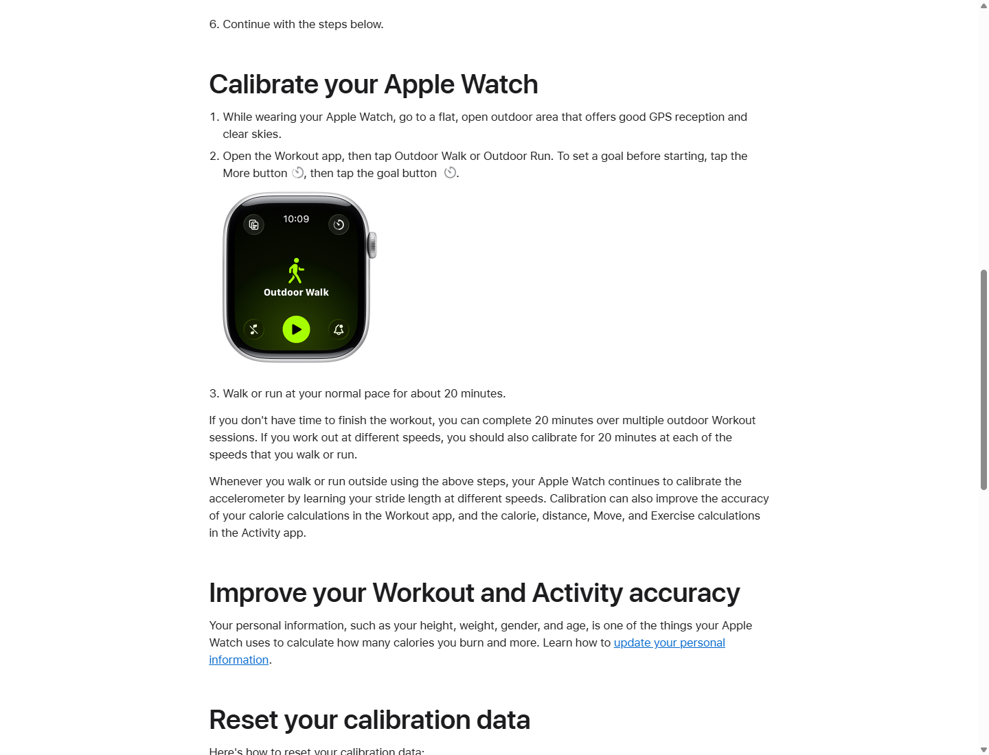 Apple 공식 안내의 개방된 야외에서 약 20분 걷기·달리기 보정 절차
