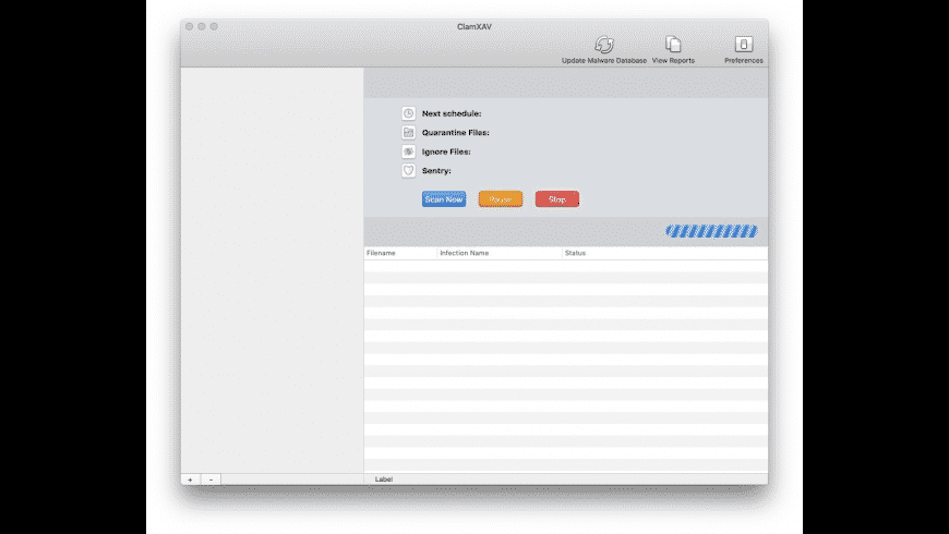 ClamXAV Mac — scan window showing virus scanning, quarantine and results on macOS