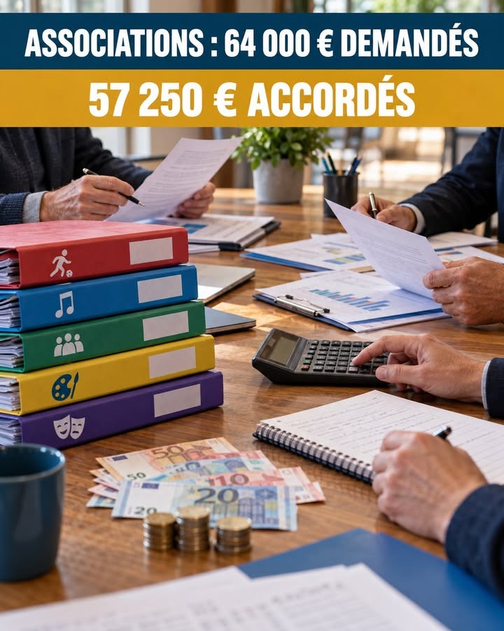 Des mains manipulent des documents, un calculateur et des billets d'euros sur une table, entourées de classeurs colorés.