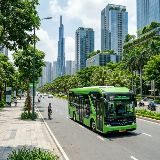 Xe buýt điện chạy êm ái trên các tuyến phố thông minh, hai bên là nhiều cây xanh tại khu đô thị hiện đại ở Hà Nội