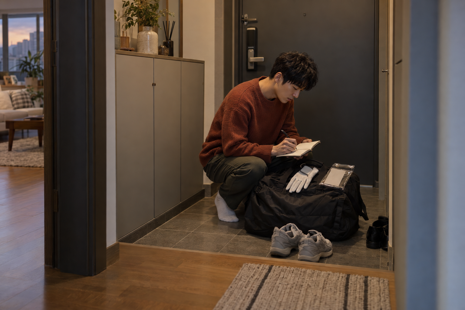 장갑 여러 장을 구매하기 전 착용 손·사이즈·수량·교환 조건을 확인하는 설명 장면