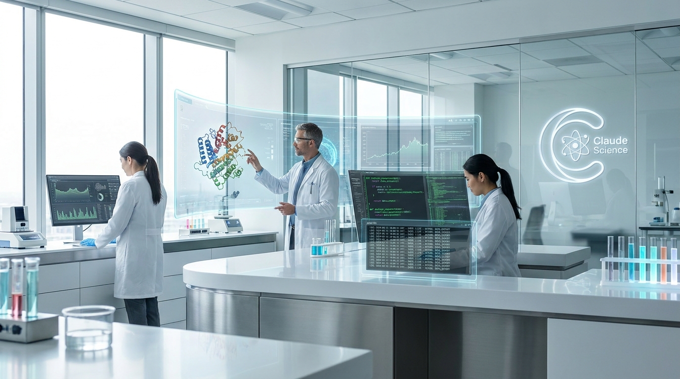 Scientists using Claude Science to visualize a reproducible AI research workflow with holographic displays.