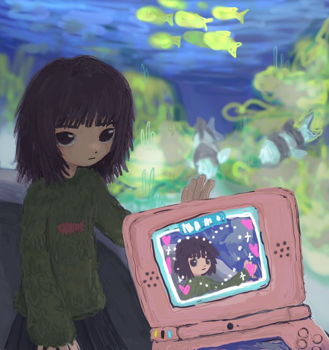 On a date with a cute ruffled-hair girl in an aquarium, you took a picture of her and are editing it with glitter and hearts on your Nintendo DS