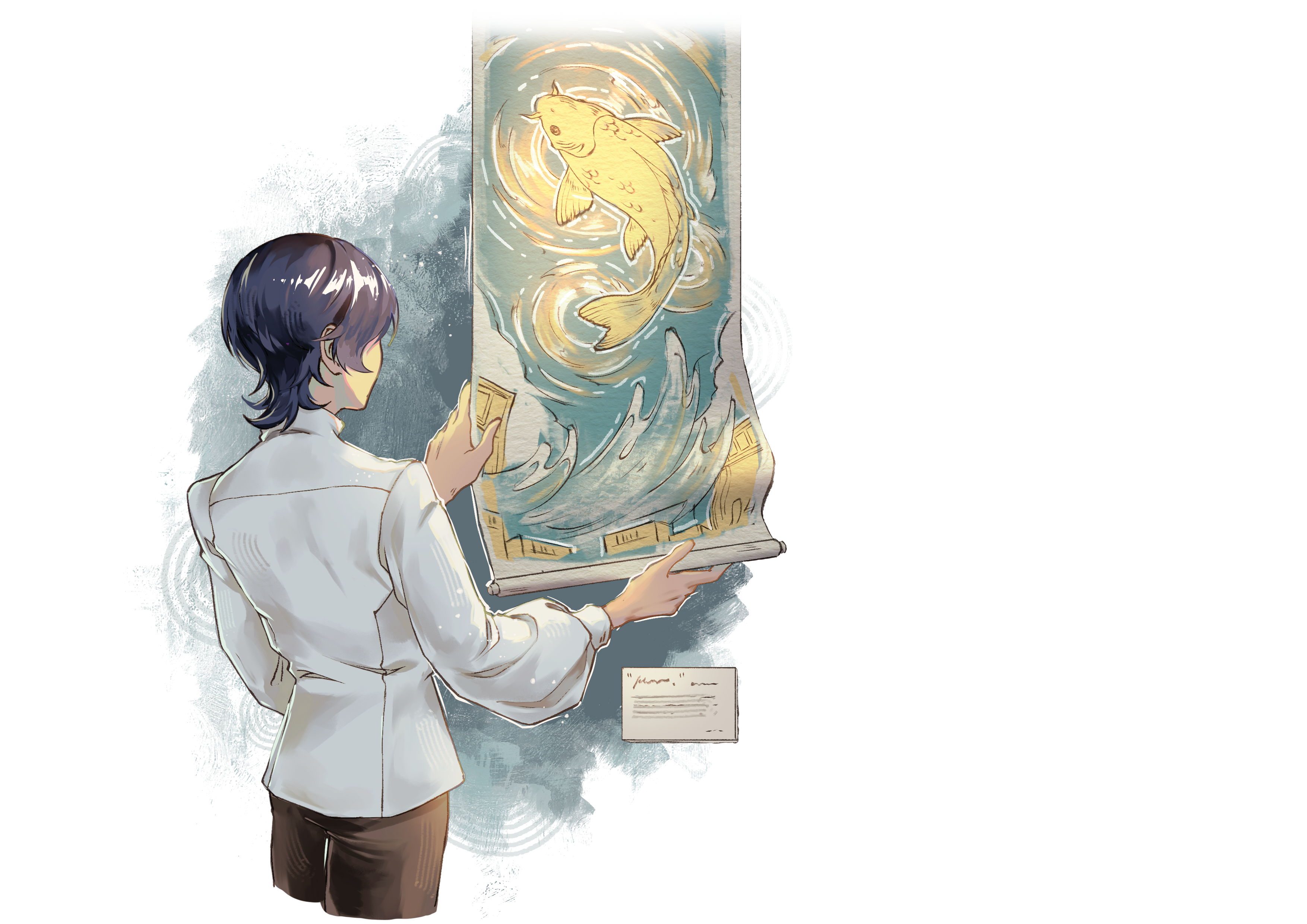 Yusuke is hanging his painting of a golden carp jumping out of the water