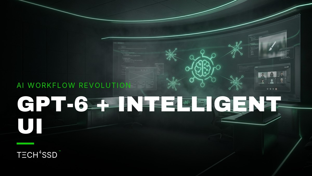 Futuristic interface showing ChatGPT Intelligent UI with GPT-6 nodes and creative tools, dark and moody with neon-green accents.