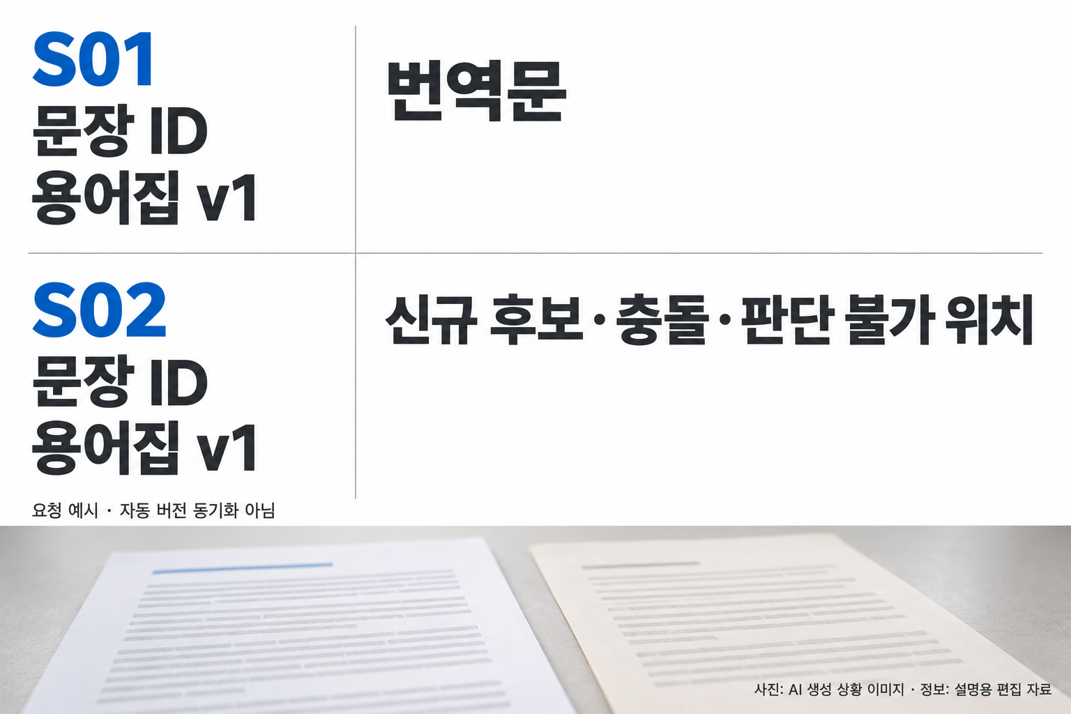 구간 요청과 결과 확인의 설명용 예시. 왼쪽 위 S01&middot;문장 ID&middot;용어집 v1, 왼쪽 아래 S02&middot;문장 ID&middot;용어집 v1을 큰 텍스트로. 오른쪽에는 번역문 / 신규 후보&middot;충돌&middot;판단 불가 위치 두 큰 소제목. 작은 상자&middot;화살표&middot;가짜 앱 없이 여백과 구분선. 하단 모형 문서 대조 사진 일부. 자동 버전 동기화가 아닌 요청 예시임을 표시.