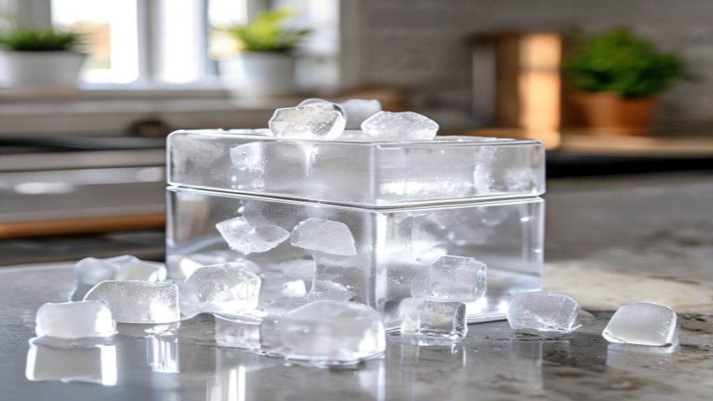 Countertop cubelet ice maker on a home kitchen counter filled with soft nugget ice