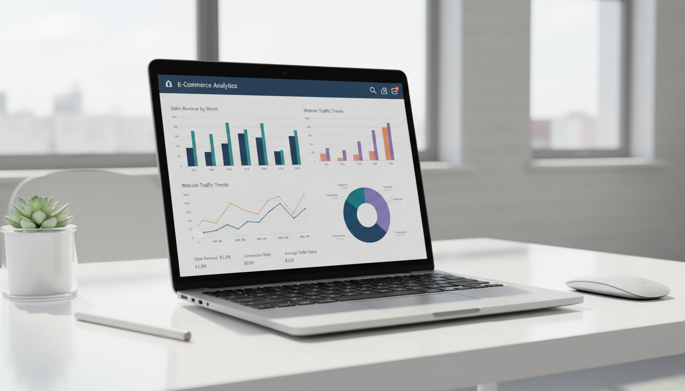 Laptop met e-commerce analytics dashboard voor enterprise webshop beheer