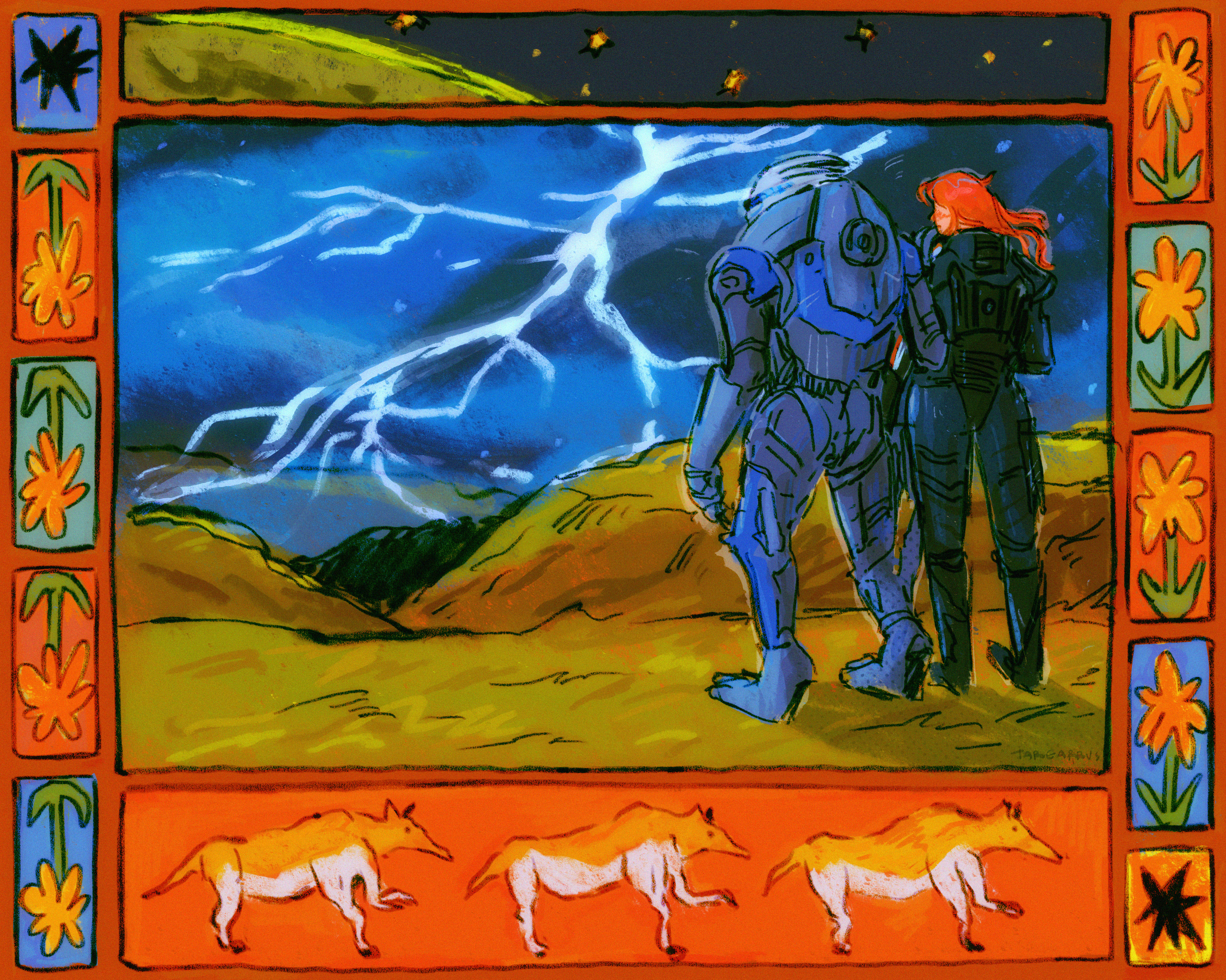 Garrus and female Shepard standing close, facing away from the viewer and admiring the incoming storm, a border of space cows and flower around the image