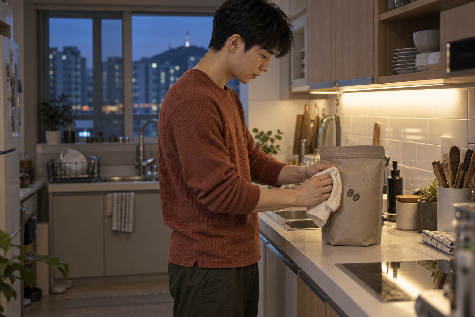큰 냉동 원두 봉투를 밀봉 상태로 해동하고 개봉 전에 포장 겉면을 닦는 설명용 장면