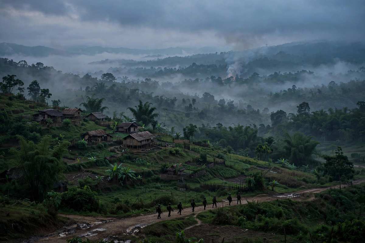 मणिपुर की पहाड़ियों में धुंध के बीच गांव और दूर धुएं का गुबार