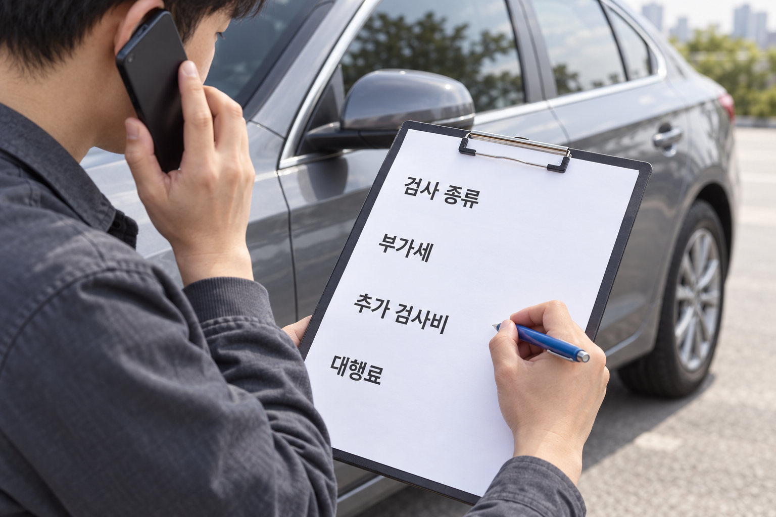동일 검사로 부가세와 추가 검사비를 포함한 최종 견적을 요청하는 설명용 장면